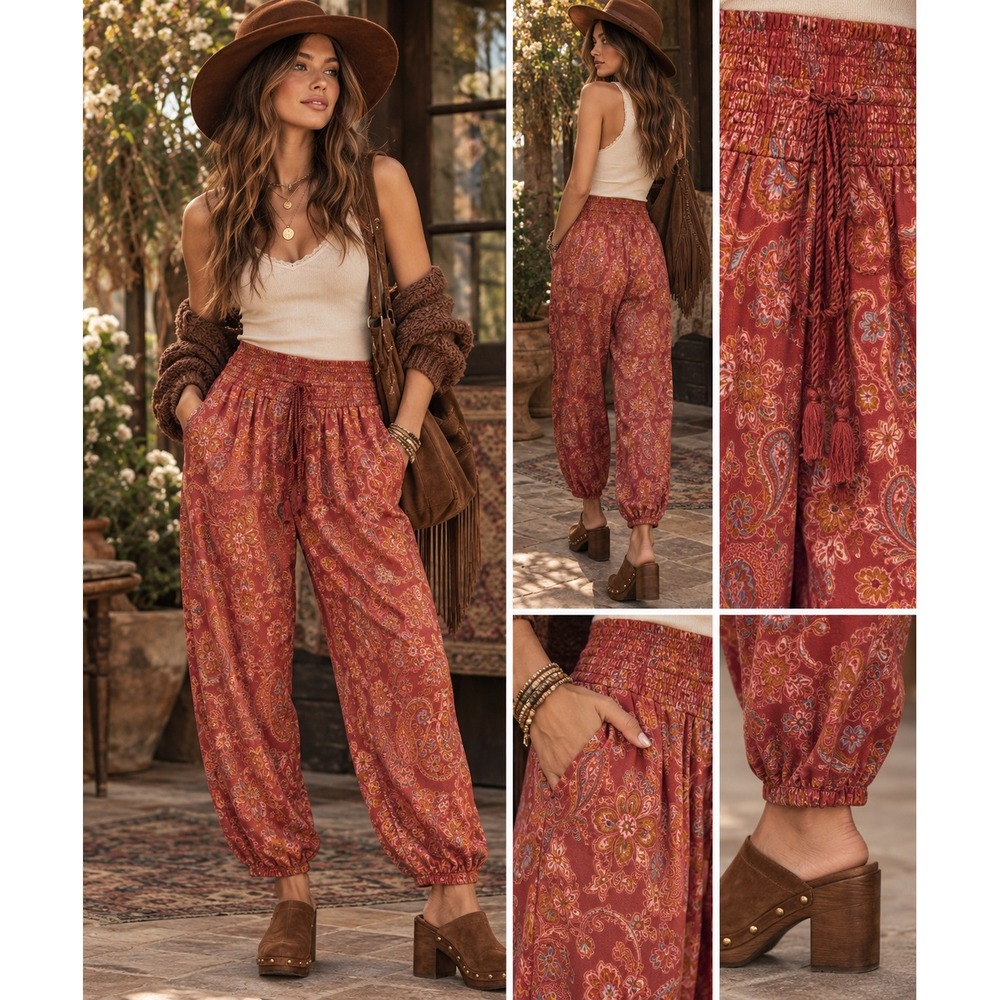 Aerie 70s Boho Paisley Womens Harem Jogger Pants Smocked High Waist XS Fall